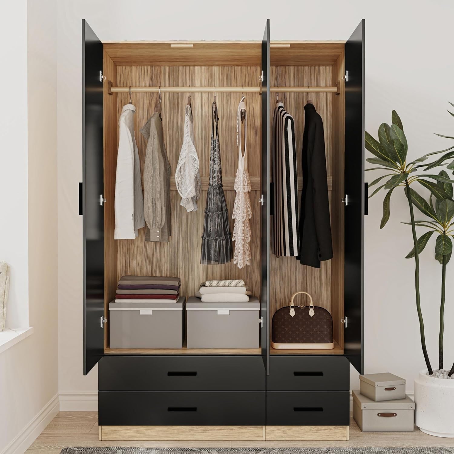 Oak & Black Wardrobe 3 Door 4 Drawer Modern Storage Cabinet Bedroom