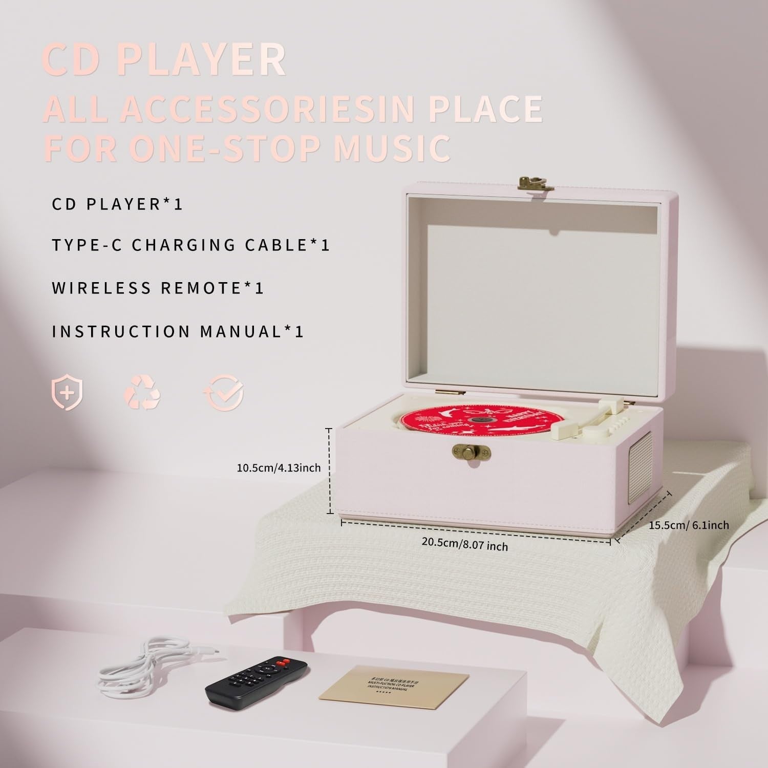 Portable Bluetooth CD Player Music Box w Speakers Rechargeable Pink