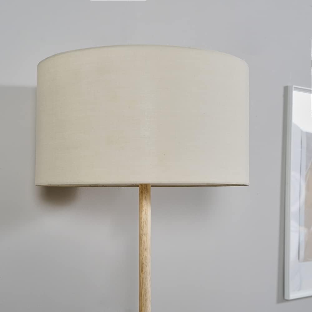 Natural Wood Floor Lamp Beige Drum Shade Modern Standing Light Living Room