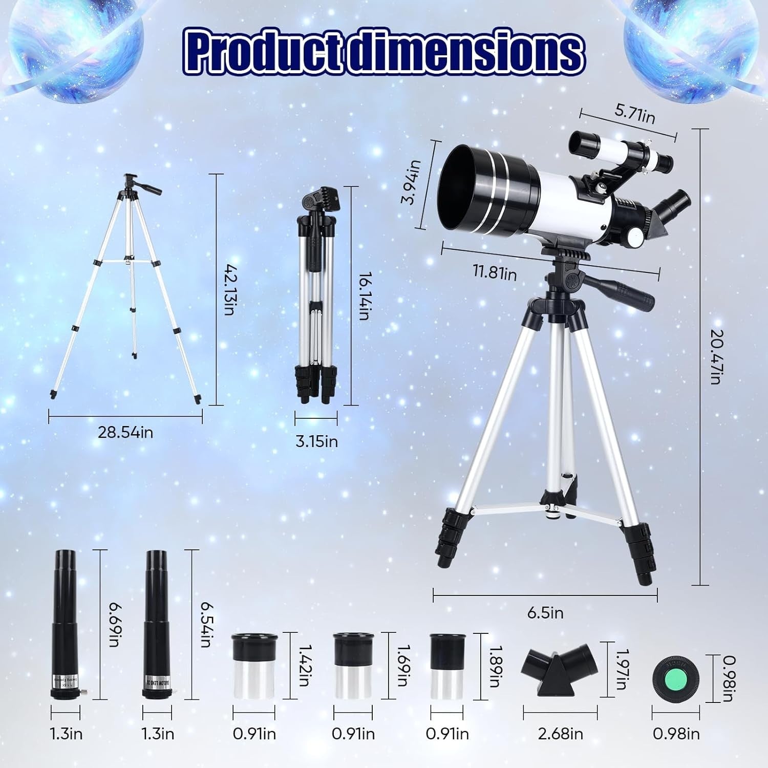 70mm Telescope 300mm Refractor for Kids & Adults with Tripod-White