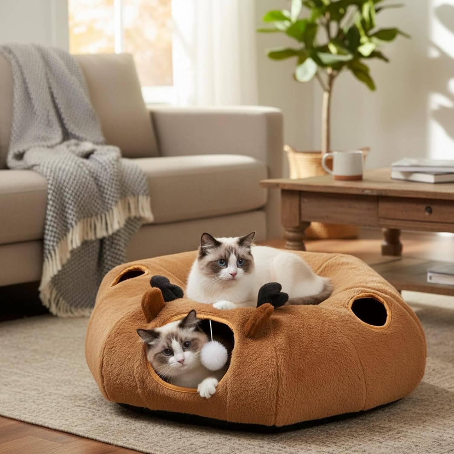 Cat Tunnel Bed Foldable Donut Play Tunnel w Peek Holes & Toy Set