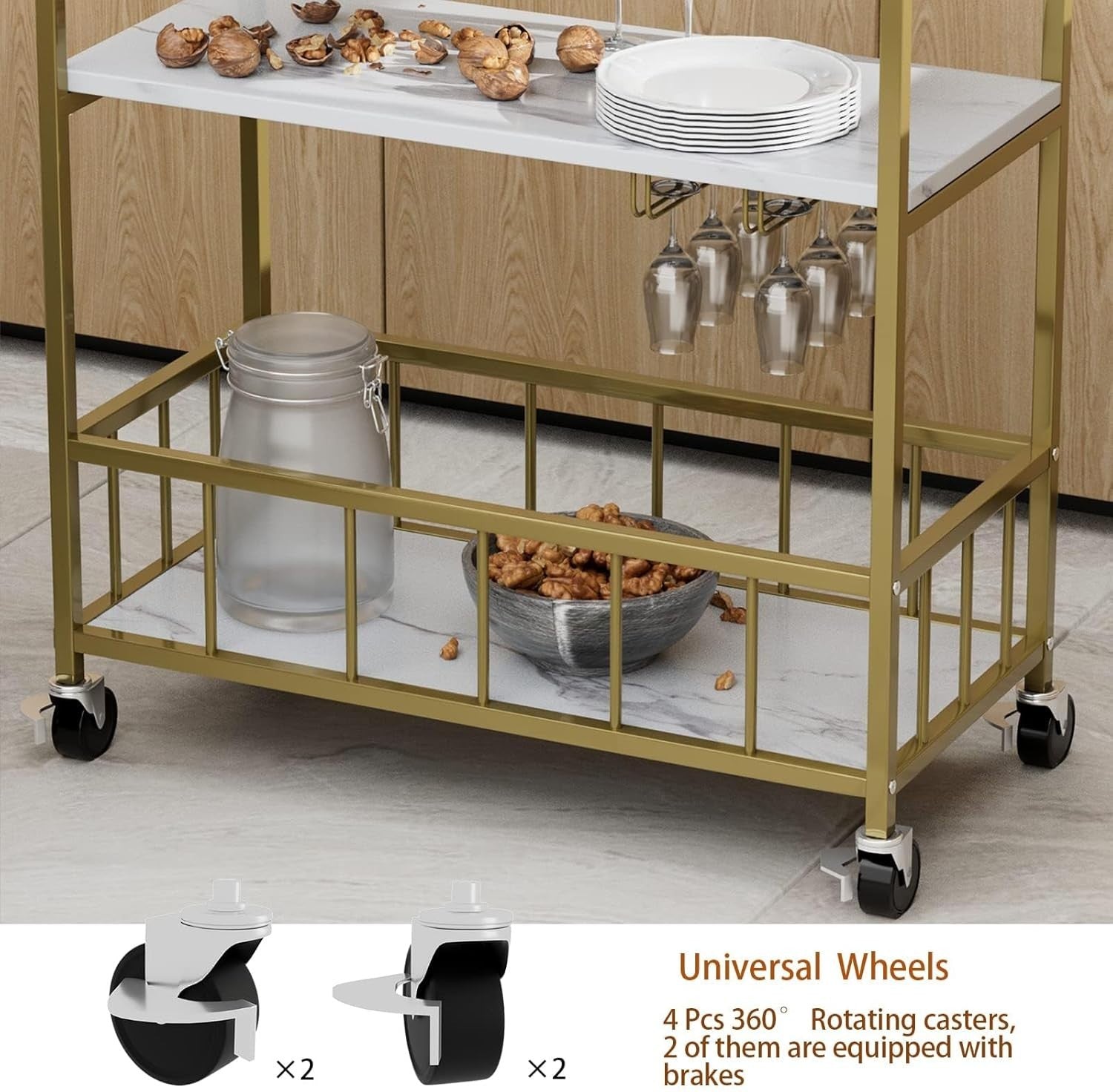 3 Tier Gold Bar Cart with Wine Rack & Glass Holder Rolling Drinks Trolley