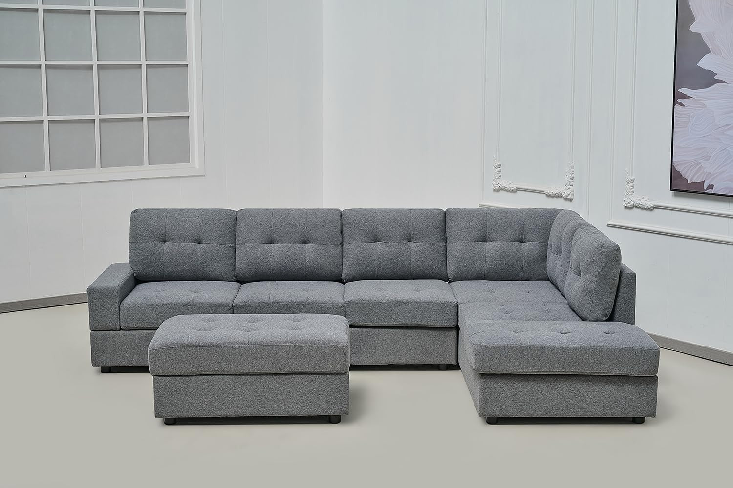 Modern Grey L-Shape Corner Sofa with Ottoman & Cup Holders, Space-Saving