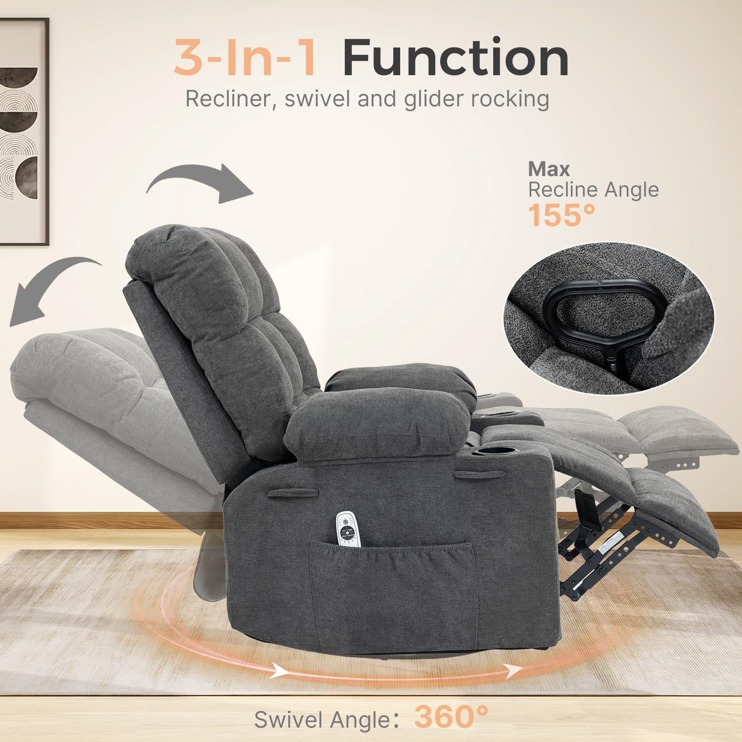 Recliner Chair Massage Heat 360° Swivel Rocking Manual Footrest Cup Holders Grey