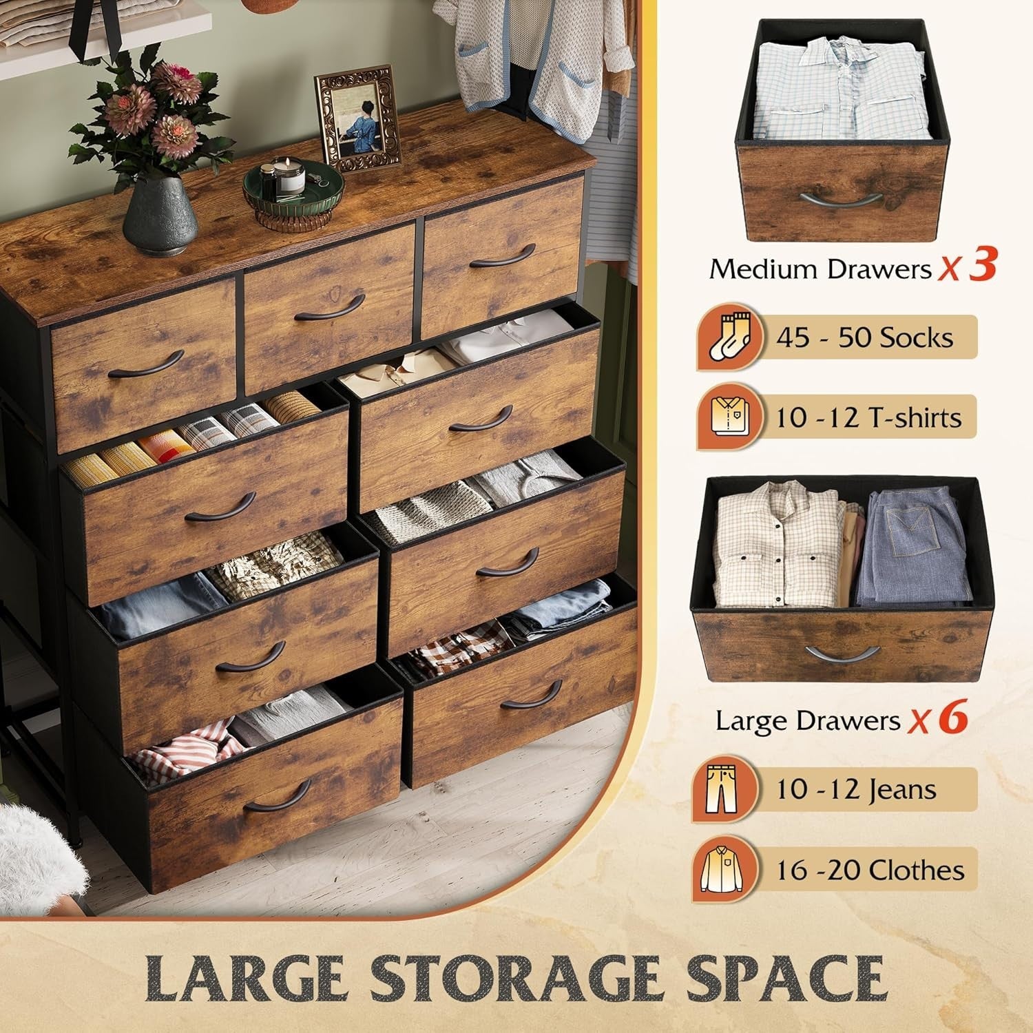 9 Drawer Fabric Storage Chest Wood Top Steel Frame Rustic Brown Organizer
