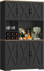 Tall Black Kitchen Cupboard with Wine Rack & Microwave Stand Storage Unit