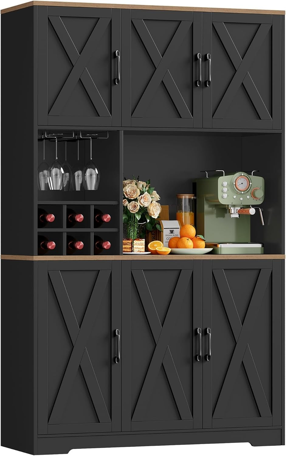 Tall Black Kitchen Cupboard with Wine Rack & Microwave Stand Storage Unit