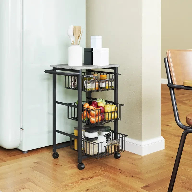 Rolling Kitchen Trolley with 5 Mesh Baskets & Marble Top – Light Grey