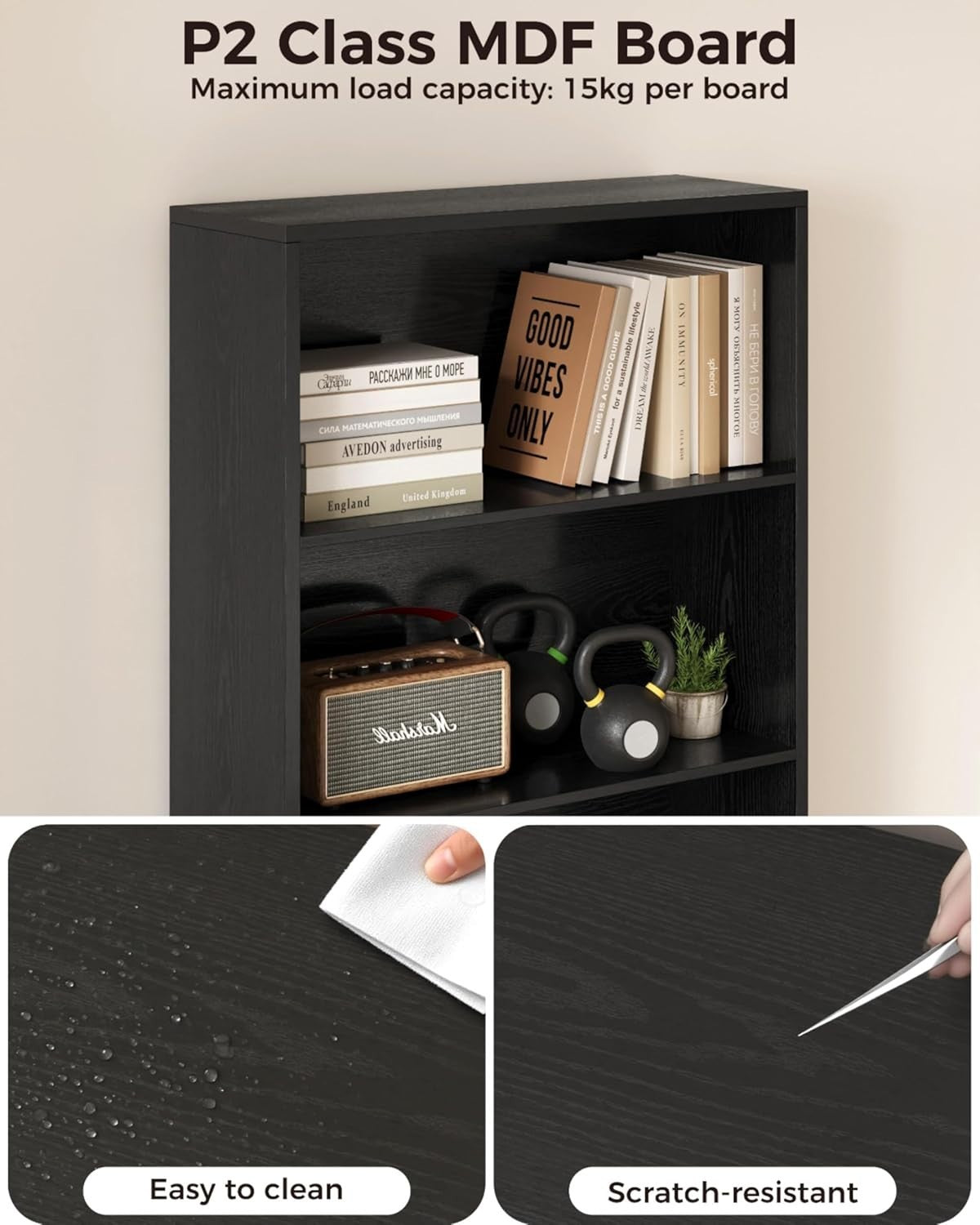 6-Tier Tall Bookshelf with Doors, Space-Saving Storage & Cabinet, Black