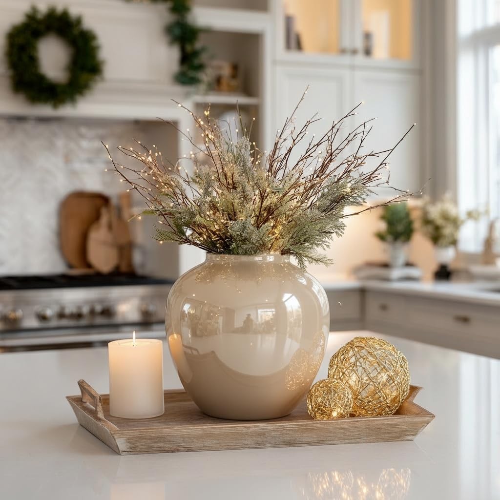Cream Ceramic Flower Vase 20cm Round Minimalist Modern Home Décor