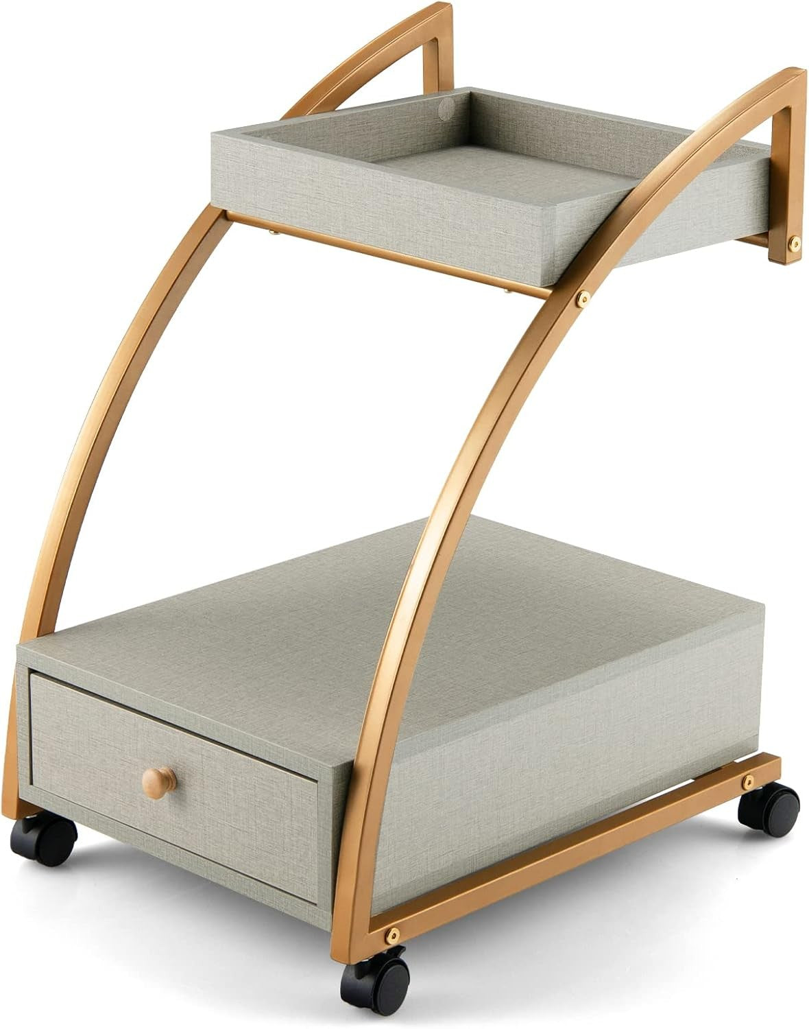 Rolling Sofa Side Table with Tray & Drawer | Mobile Bedside Cart on Wheels Gold