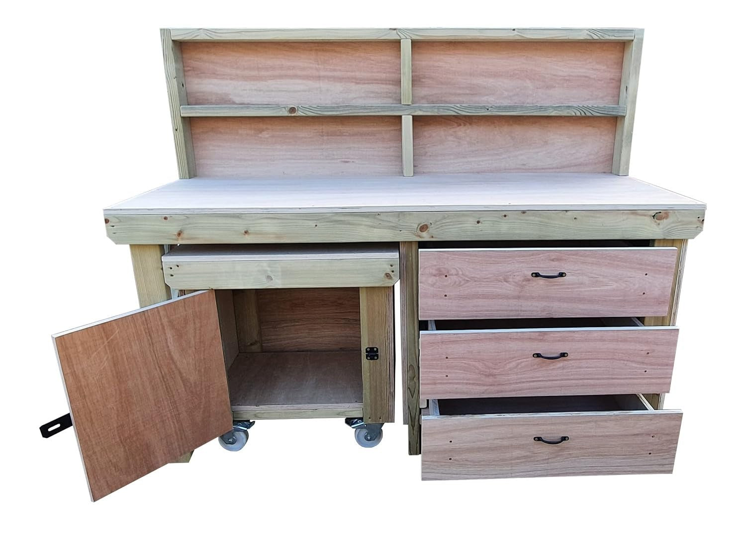 6ft Heavy Duty Wooden Workbench w/ Drawers, Lockable Cupboard & Back Panel