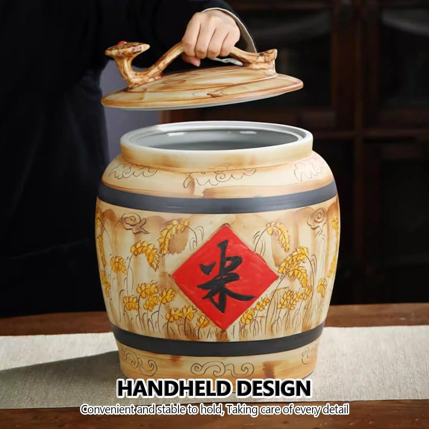 15KG Ceramic Rice Storage Jar Airtight Grain Container with Lid
