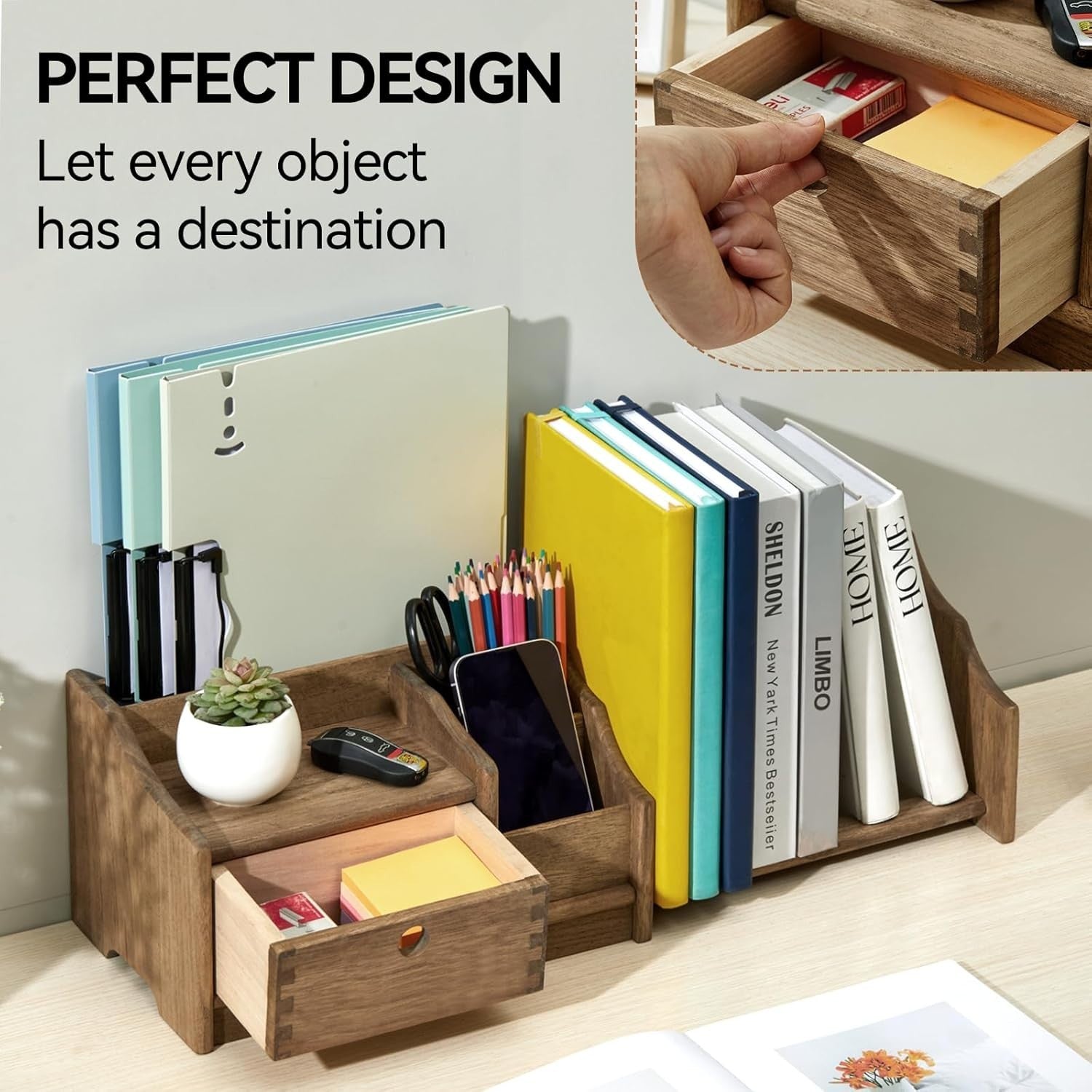 Wooden Desktop Organizer with Drawer Adjustable Shelf Solid Rack