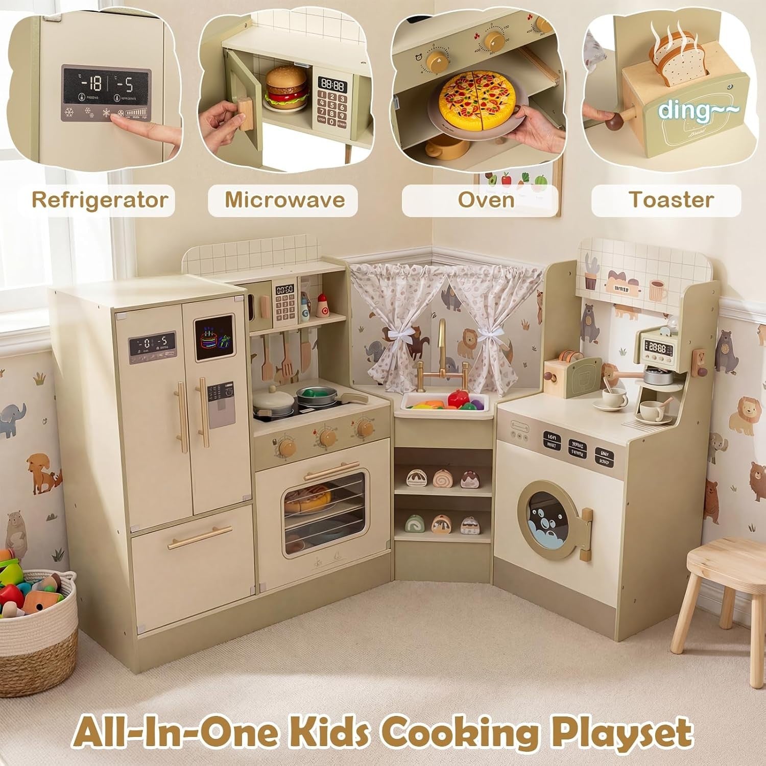 Corner Kids Play Kitchen Green w/ Fridge Coffee Maker Accessories
