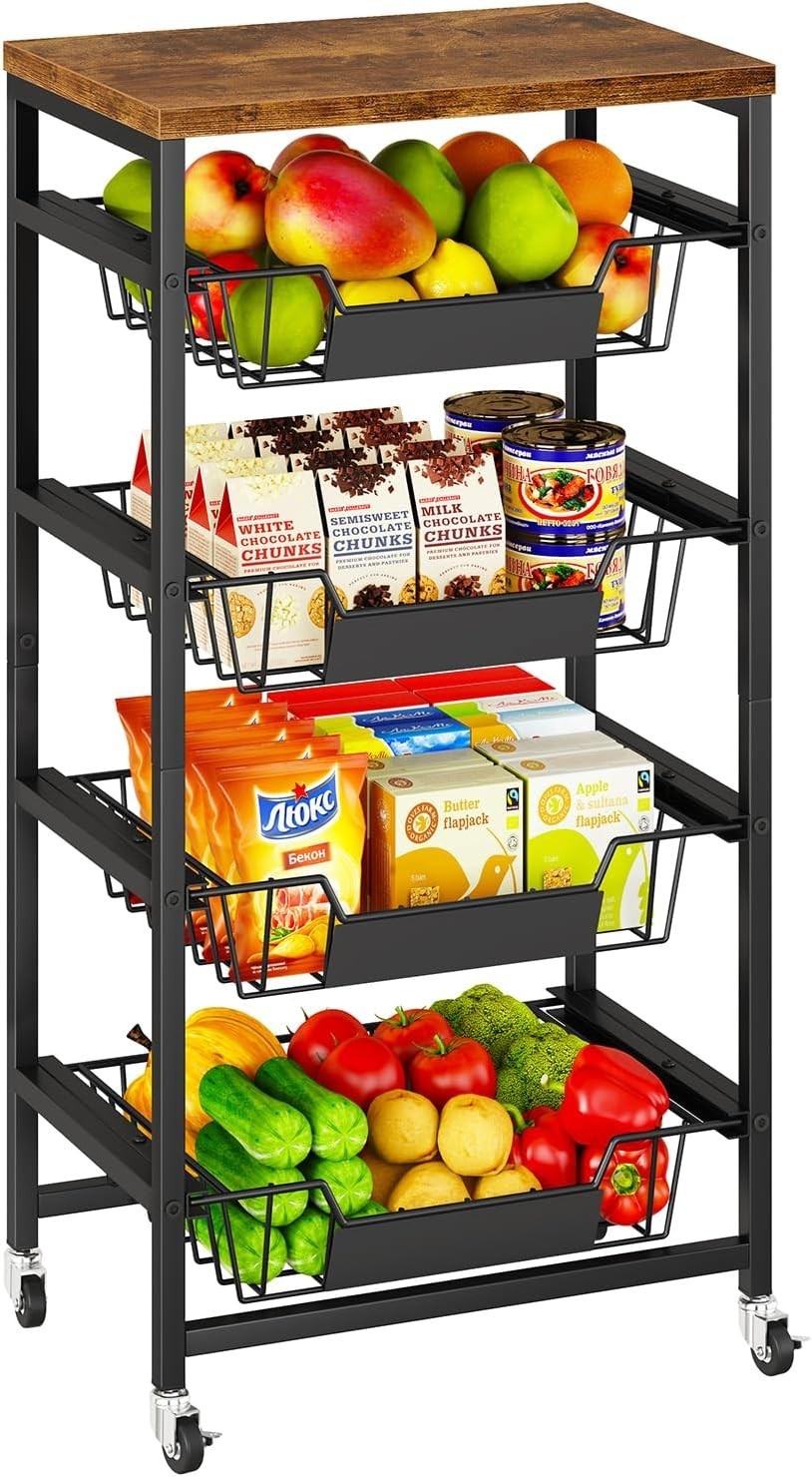 5 Tier Rolling Kitchen Storage Cart Fruit Basket Trolley Rustic Brown