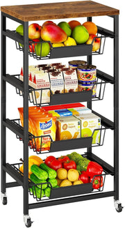 5 Tier Rolling Kitchen Storage Cart Fruit Basket Trolley Rustic Brown