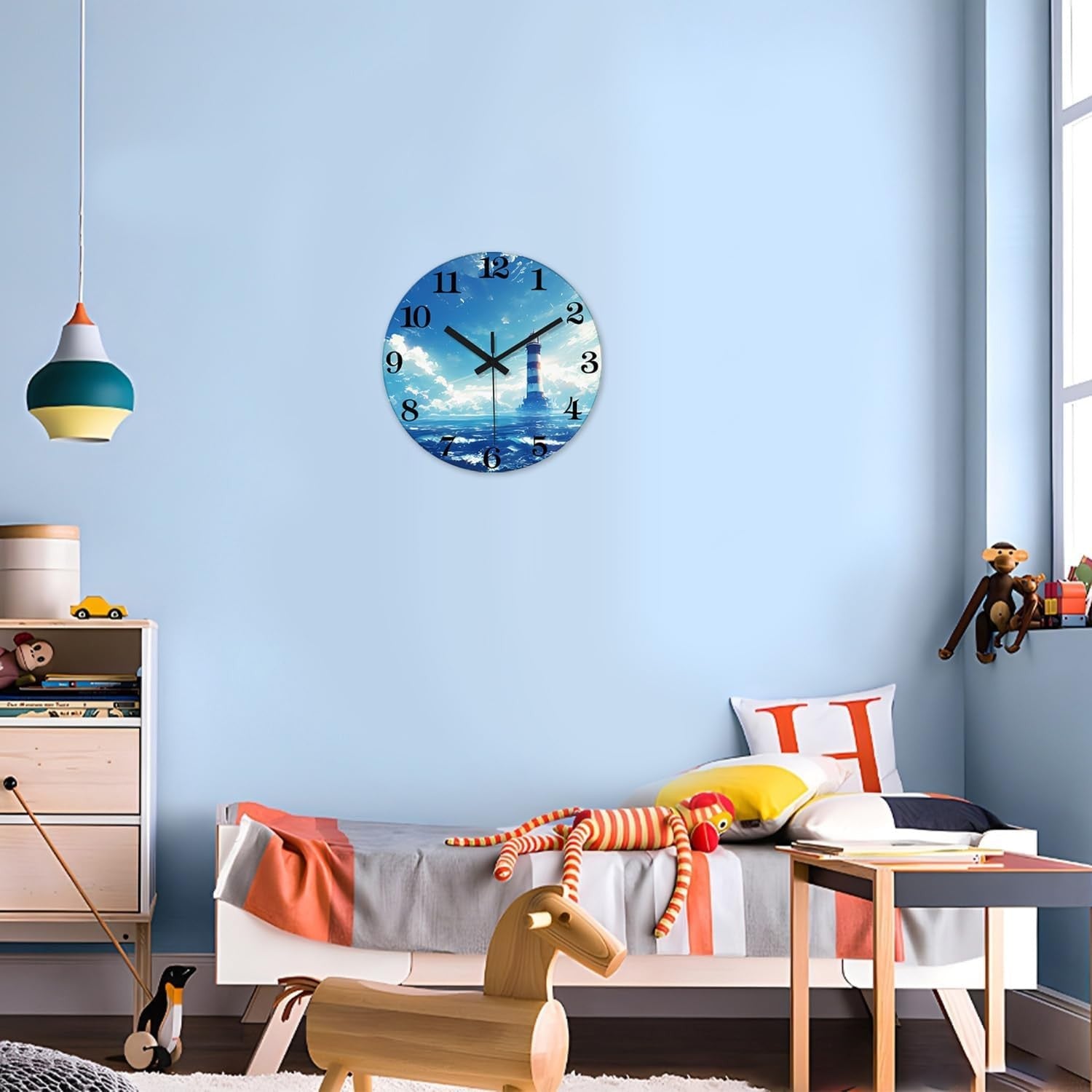 14" Blue Lighthouse Wall Clock Silent Non-Ticking Glass Nautical Home Decor