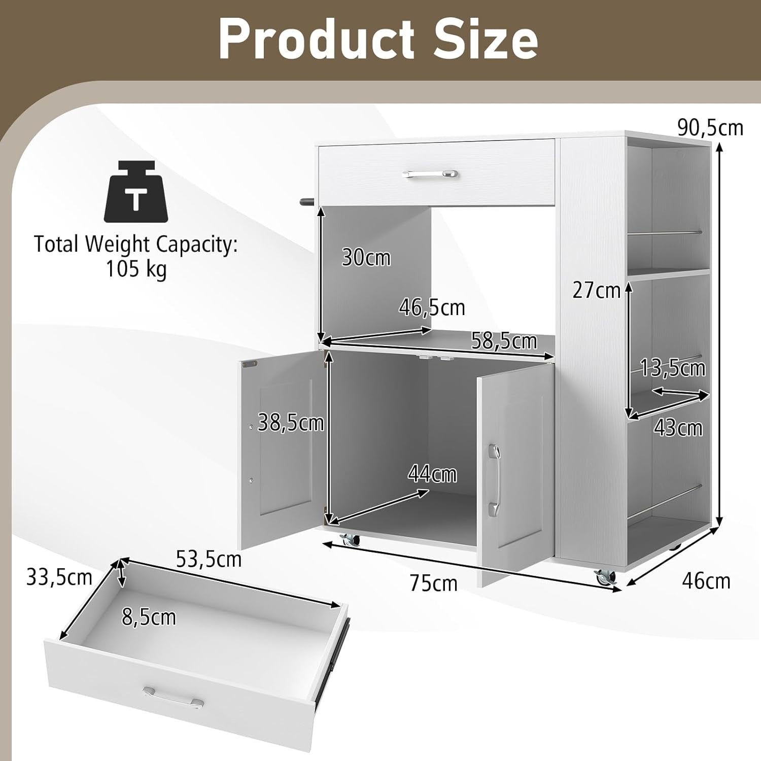 White Kitchen Island Trolley Cabinet Drawer Spice Rack