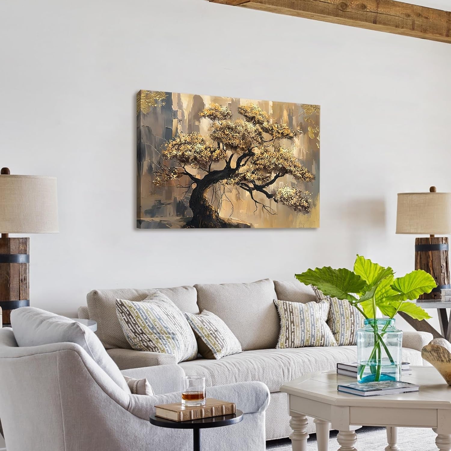 Gold Leaves Pine Tree Canvas Wall Art 90x60cm Framed Modern Decor