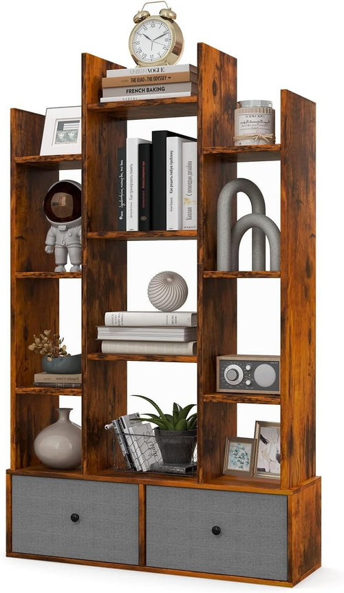 Rustic Brown Tree-Shaped Tall Bookcase 12 Cube Storage Shelf with 2 Drawers