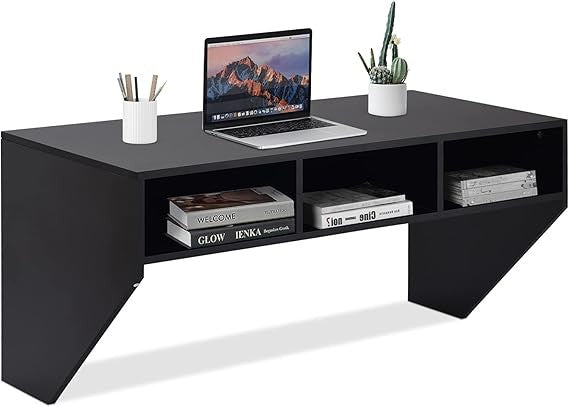 Wall Mounted Floating Computer Desk Laptop Table Storage Shelves Black