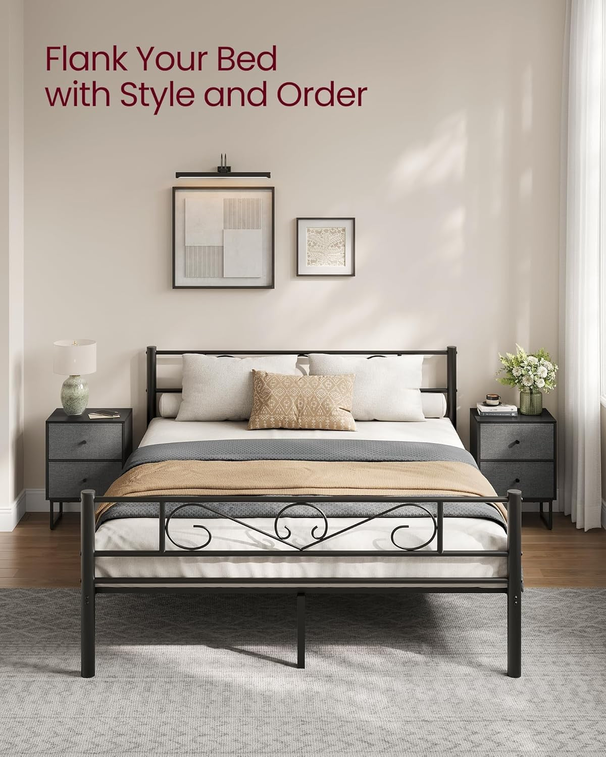 Modern Bedside Table with Fabric Drawers, 2-Tier Storage Cabinet in Black & Grey