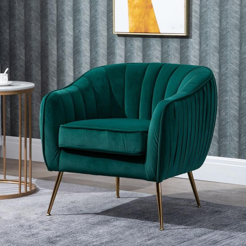 Emerald Green Velvet Accent Chair – Gold Legs, Shell Tub Armchair, Comfy Seat