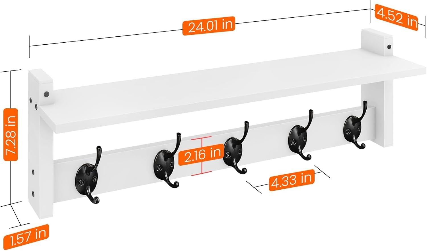 24in White Wall Mounted Coat Rack with Shelf Entryway Hat Towel Bag Hooks