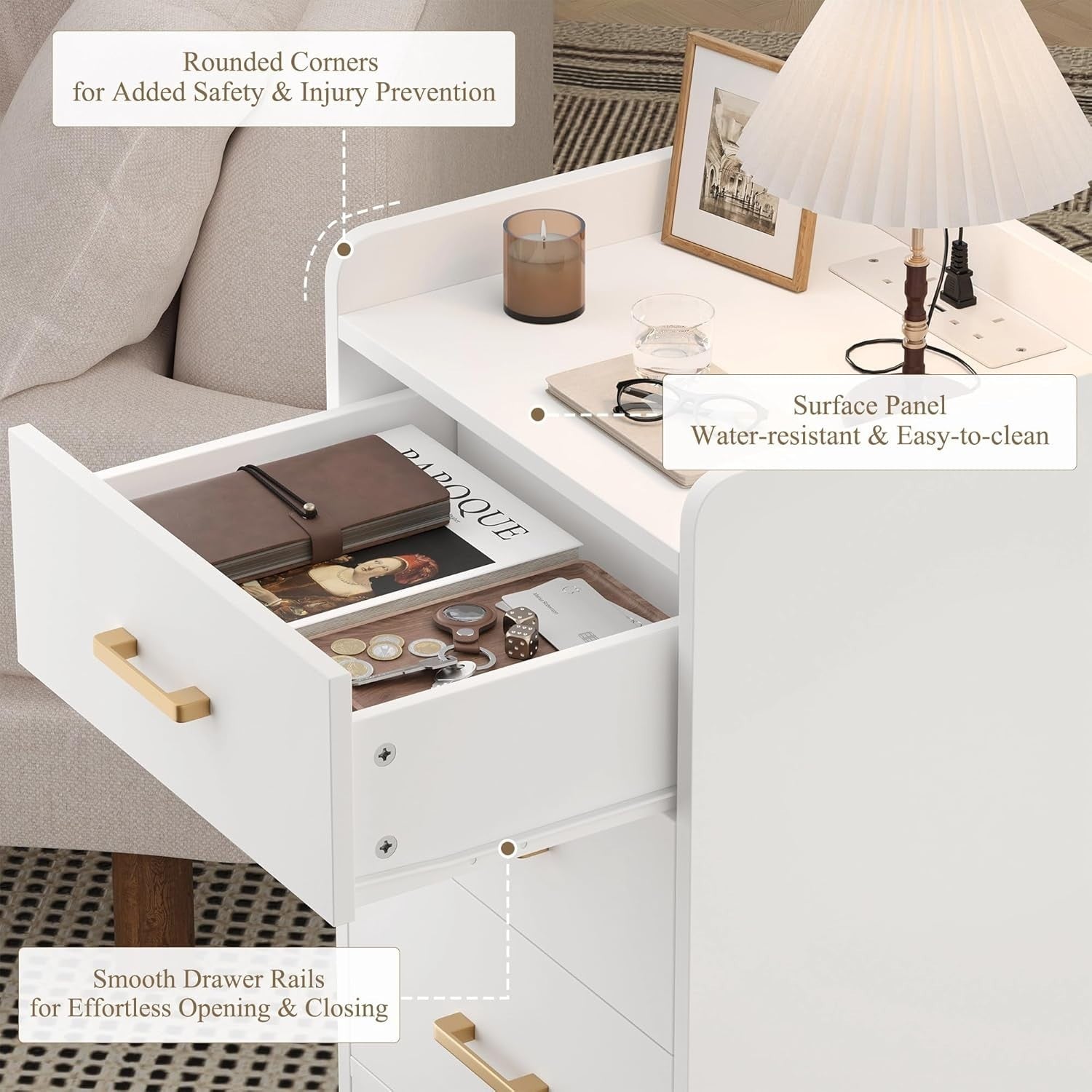 Set of 2 White Bedside Tables with Charging Station | 3 Drawer Nightstands
