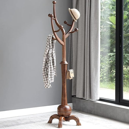 Solid Wood Coat Rack 8 Hooks Walnut Finish Tree Stand for Hallway 180cm