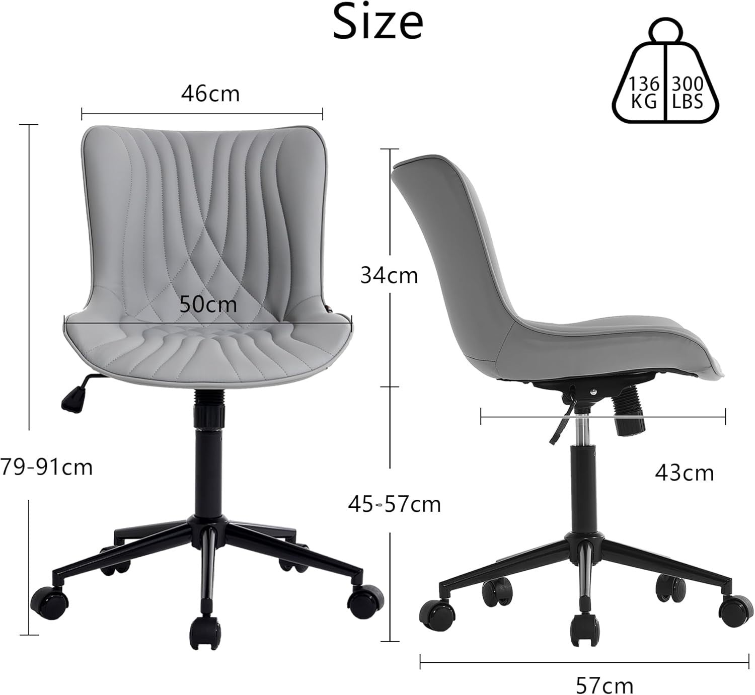 Ergonomic Grey Office Chair Adjustable Height Swivel Faux Leather Desk Seat