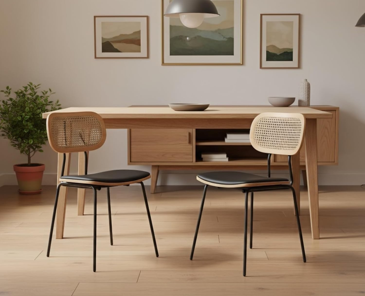 Rattan Dining Chairs Set of 2 Black Metal Legs Modern Kitchen Dining Seats