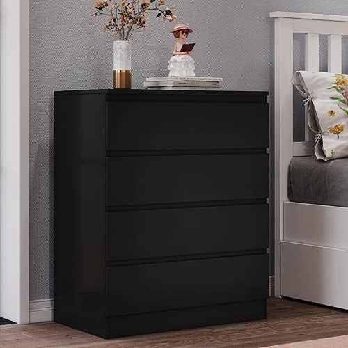 Black 4 Drawer Chest | Modern Bedroom Storage Unit | Slim Tall Cabinet