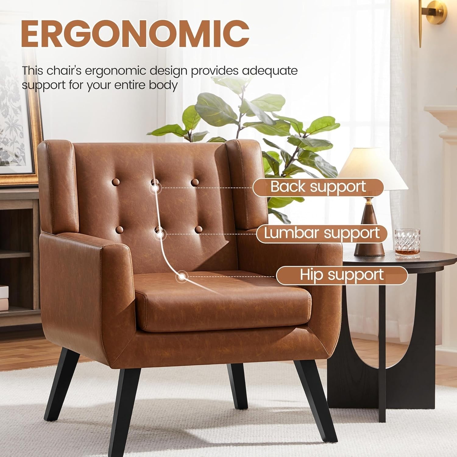 Retro Brown Tufted Armchair with Thick PU Cushion & Sturdy Wood Legs