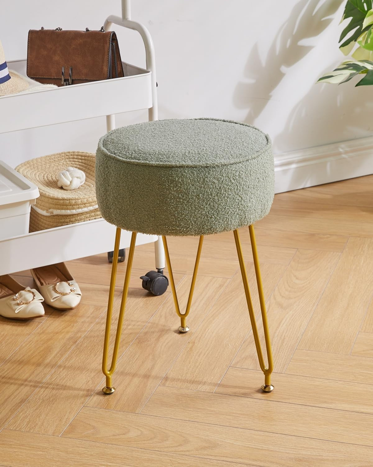 Teddy Velvet Round Footrest Ottoman – Makeup Vanity Stool with Steel Legs
