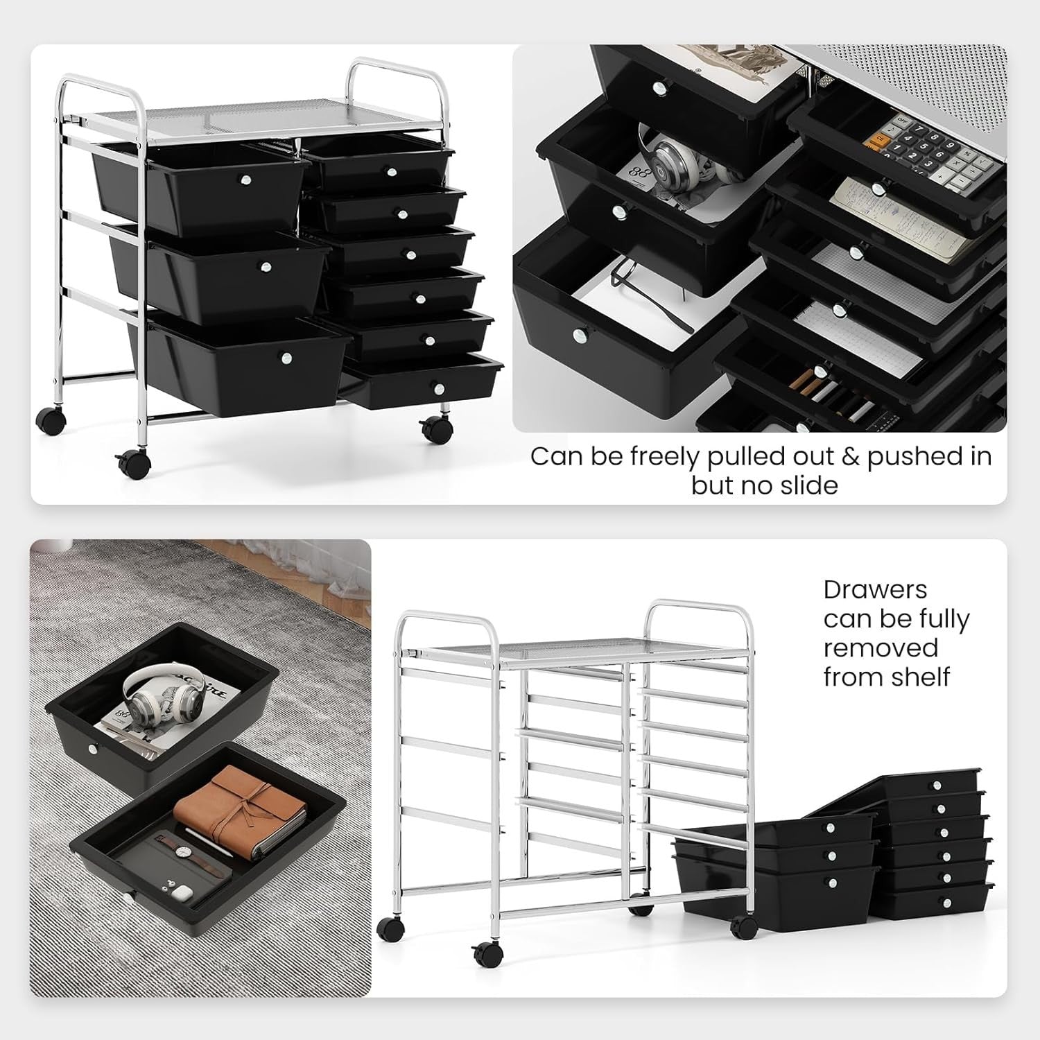 9 Drawer Rolling Storage Cart Utility Organizer Trolley Black Wheels