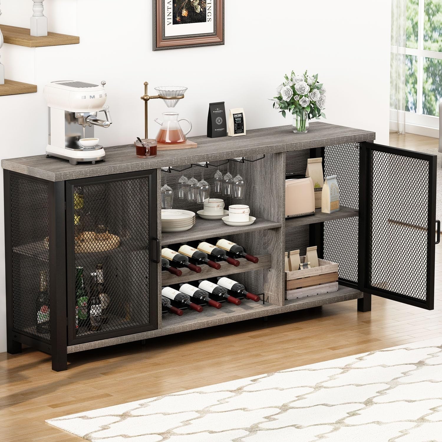 Large Industrial Bar Cabinet with Wine Racks Glass Storage Sideboard Light Grey
