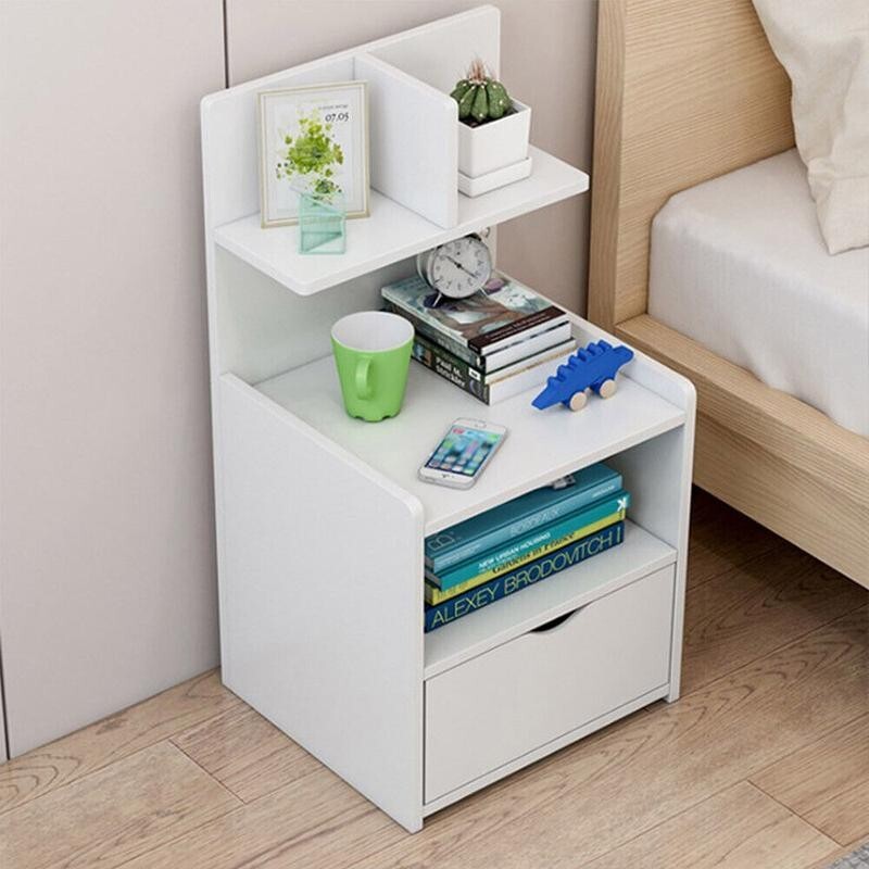 White Bedside Table with Drawer & Shelves, Compact Nightstand 60cm Modern