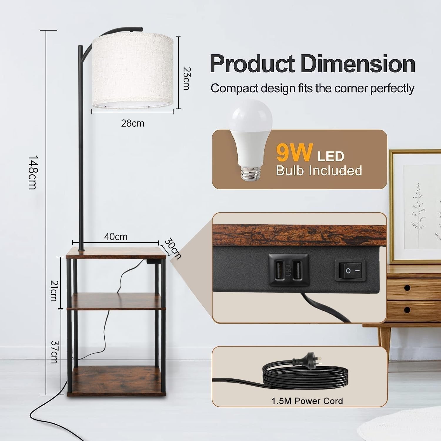 3-Way Dimmable Floor Lamp with Table USB Ports Shelves for Living Room