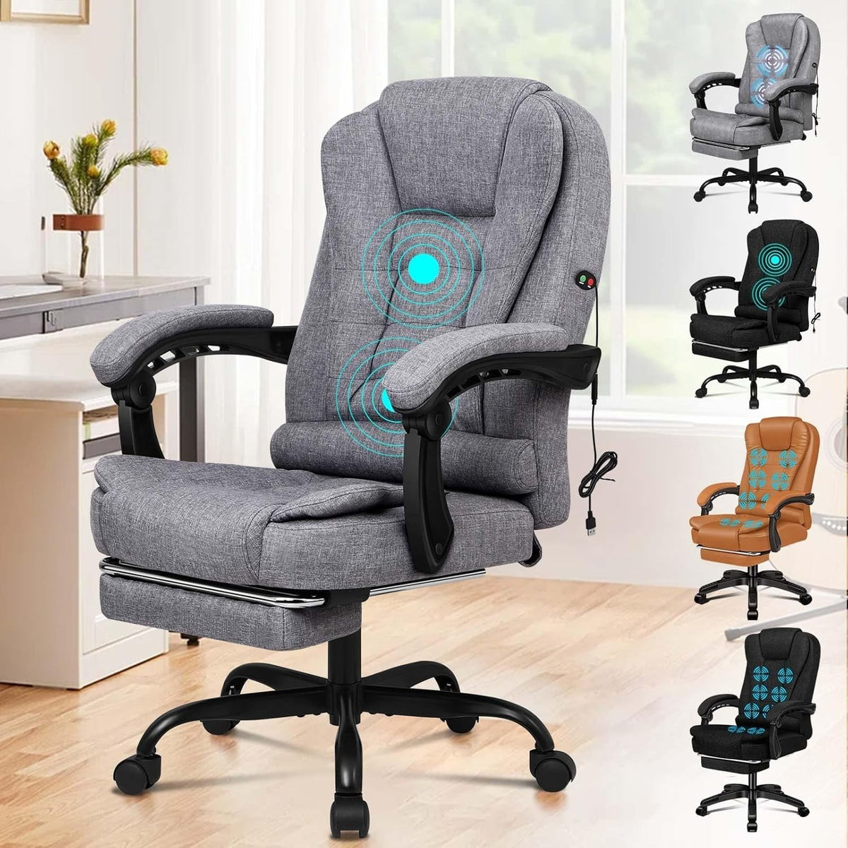Massage Office Chair Recliner Executive Desk PC Gaming Linen Fabric Swivel Footr