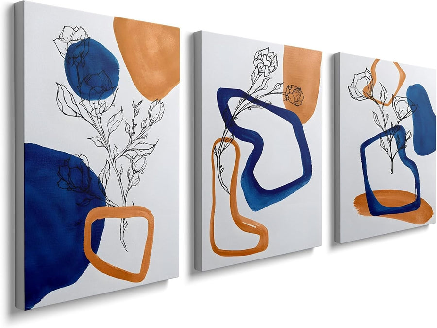3Pcs Abstract Canvas Wall Art – Navy Blue & Gold Modern Boho Decor