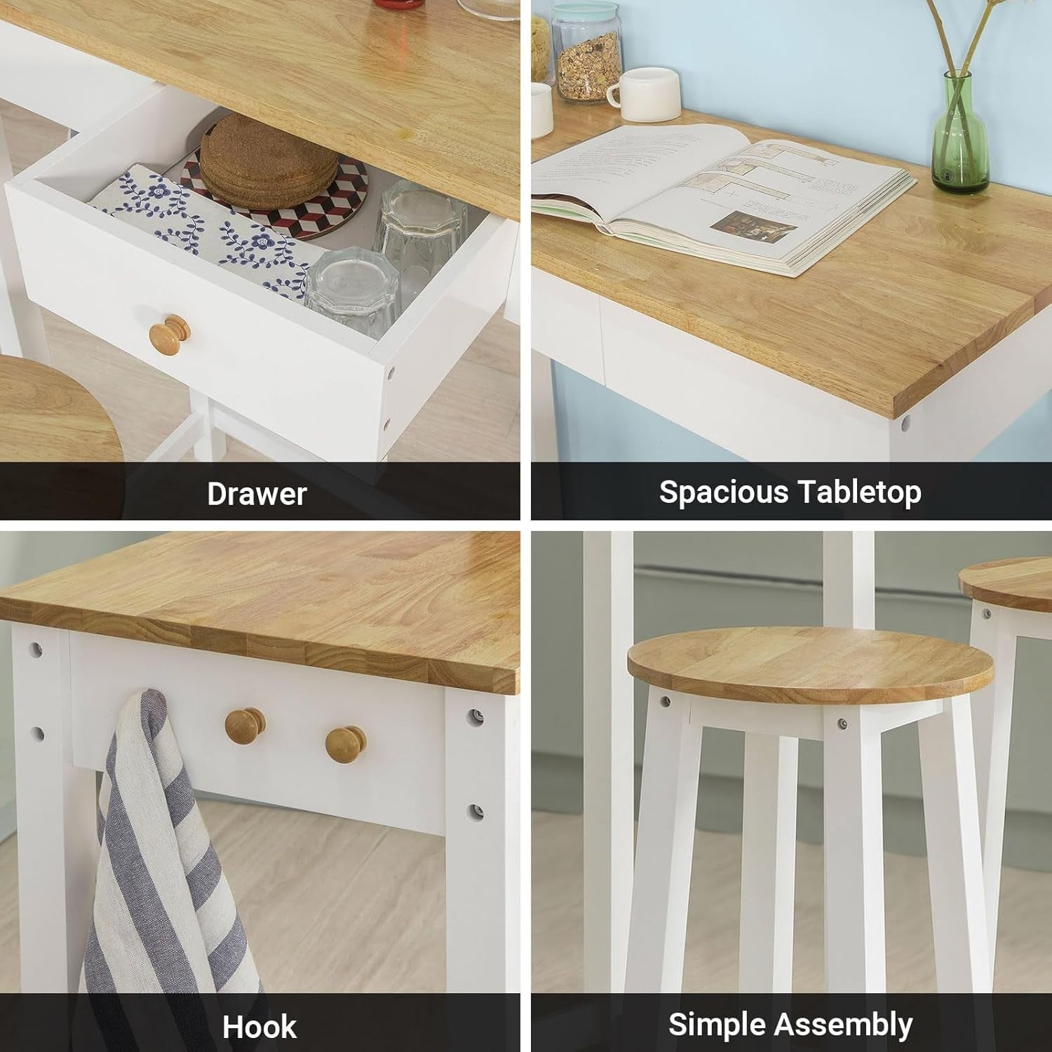 3-Piece Breakfast Bar Table Set with 2 Stools White & Wood Modern Compact