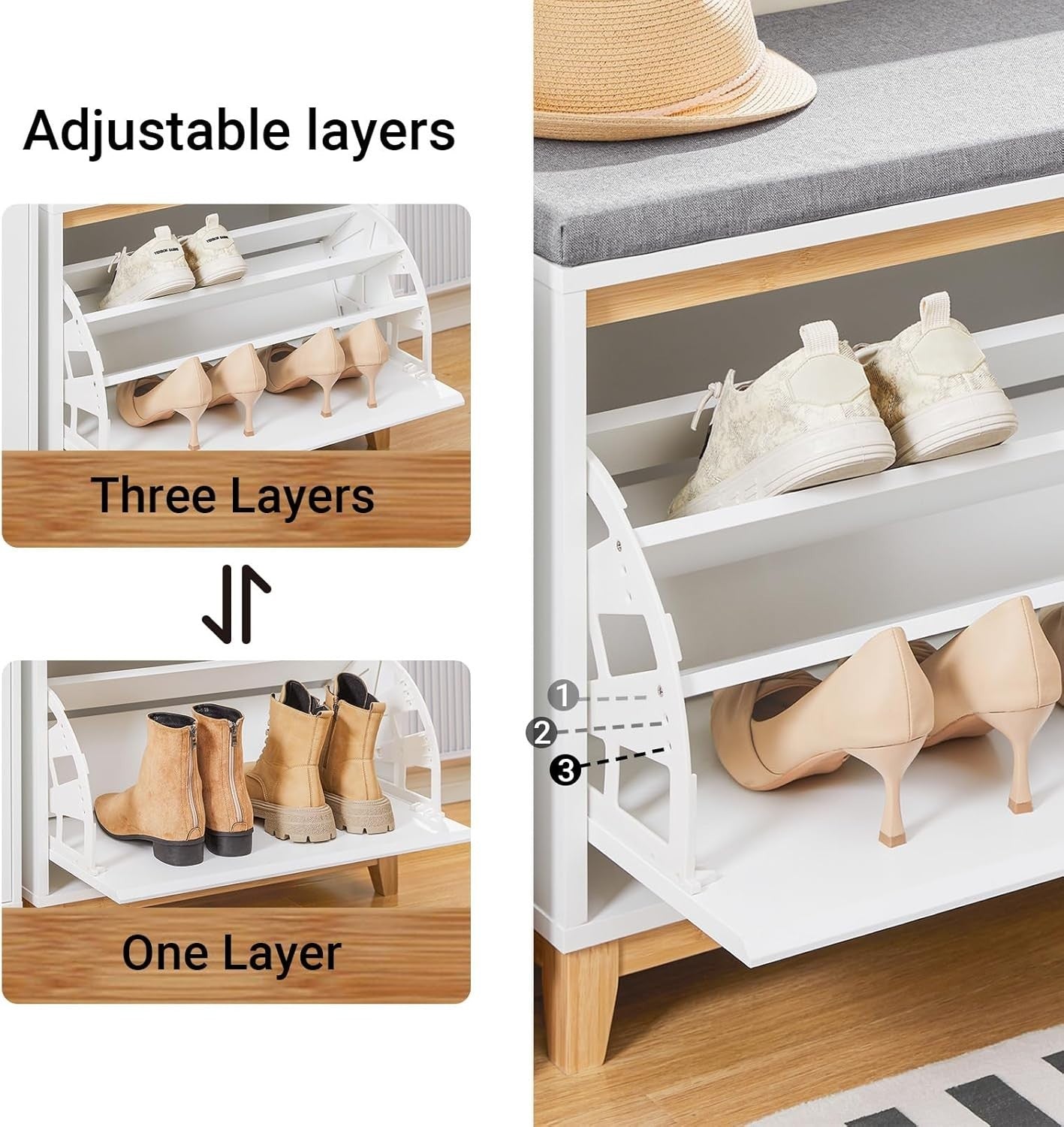 White Shoe Storage Bench with Cushion & Flip Drawer Hallway Cabinet 60x34x55cm