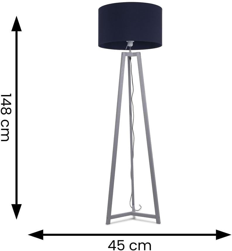 Grey Wooden Tripod Floor Lamp Navy Blue Drum Shade LED Living Room Light