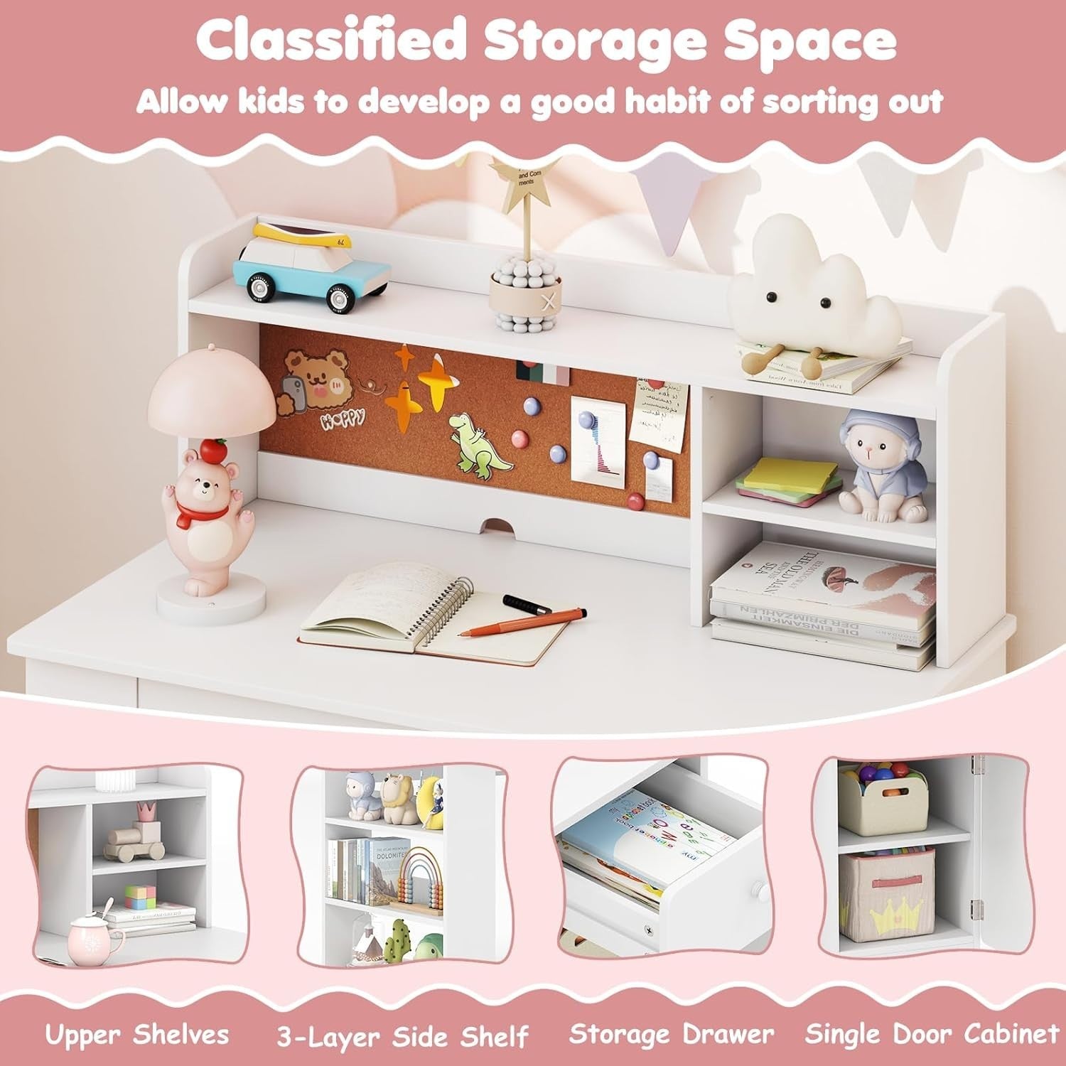 Kids Study Desk and Chair Set Wooden Writing Table Storage Shelves Drawer White