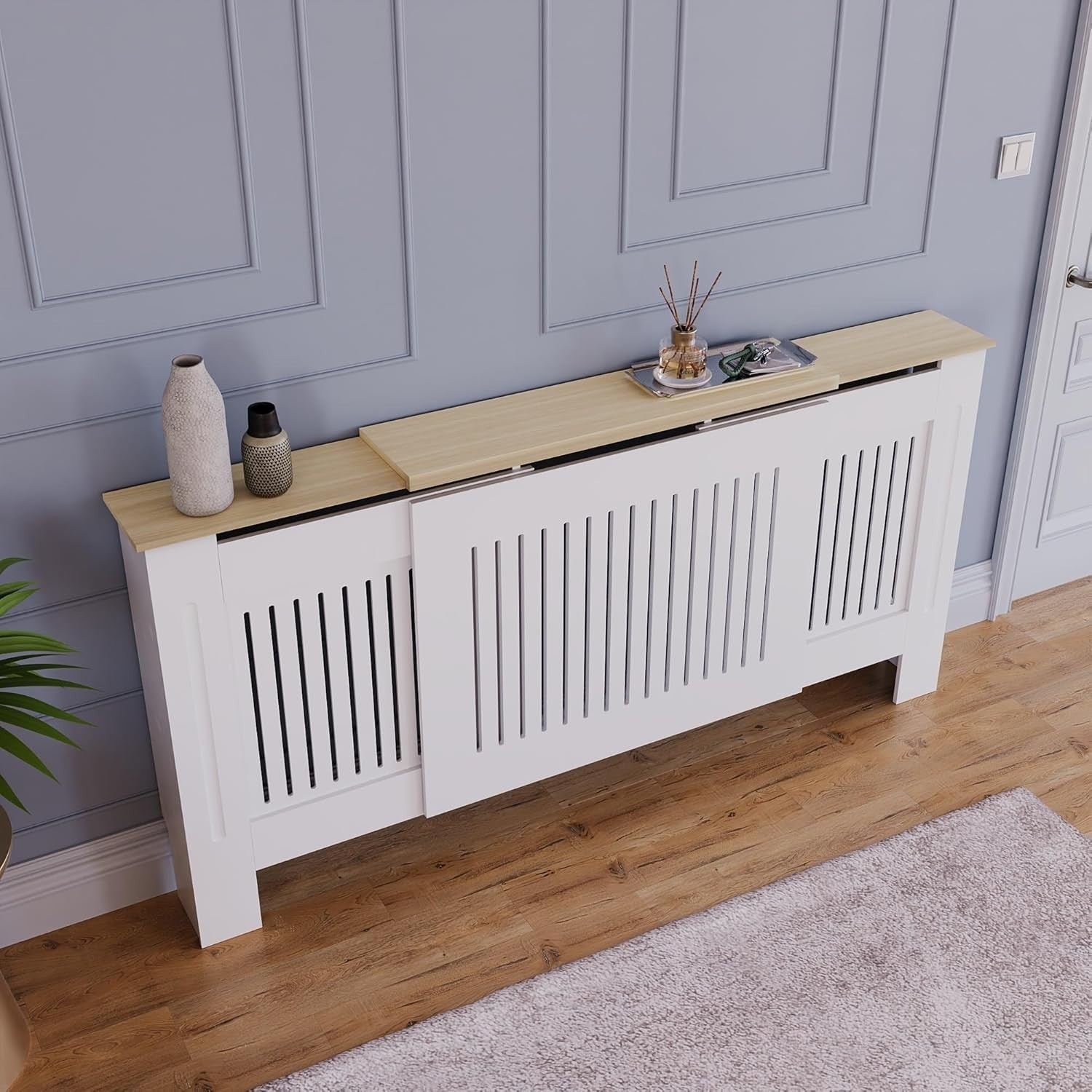 Adjustable White Radiator Cover Cabinet MDF Slatted Grill Modern Wooden Top