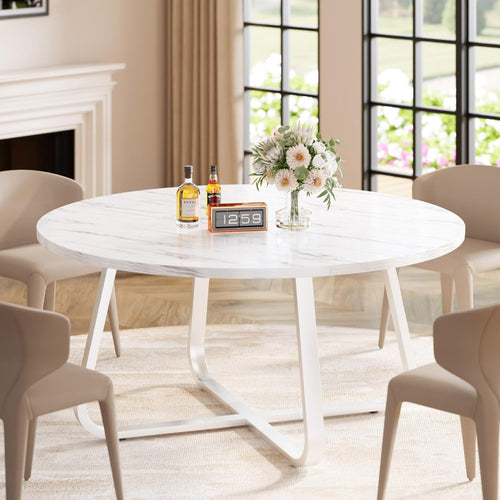 Round White Marble Dining Table 4-6 Seater Wood Metal Kitchen Home 130cm