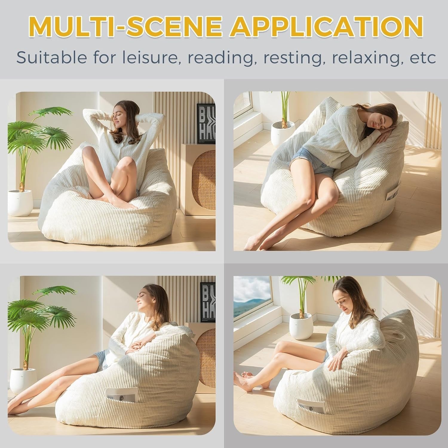Giant Corduroy Bean Bag Chair with Foam Filling Soft Oversized Lounge Seat