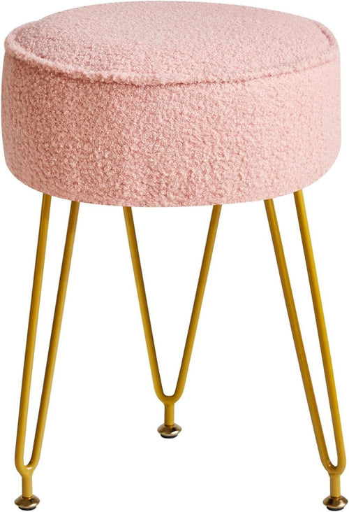 Velvet Round Footrest Ottoman – Cream White Vanity Stool with Steel Legs